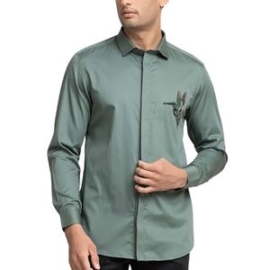 Men's Green Dress Shirt with Embroidery